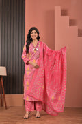 Women’s Straight Printed Kurta Pant Dupatta Set with Neckline Embroidery & Tassels