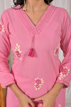 Women’s Embroidered Kurta Set with V-Neckline & Tassel Detailing
