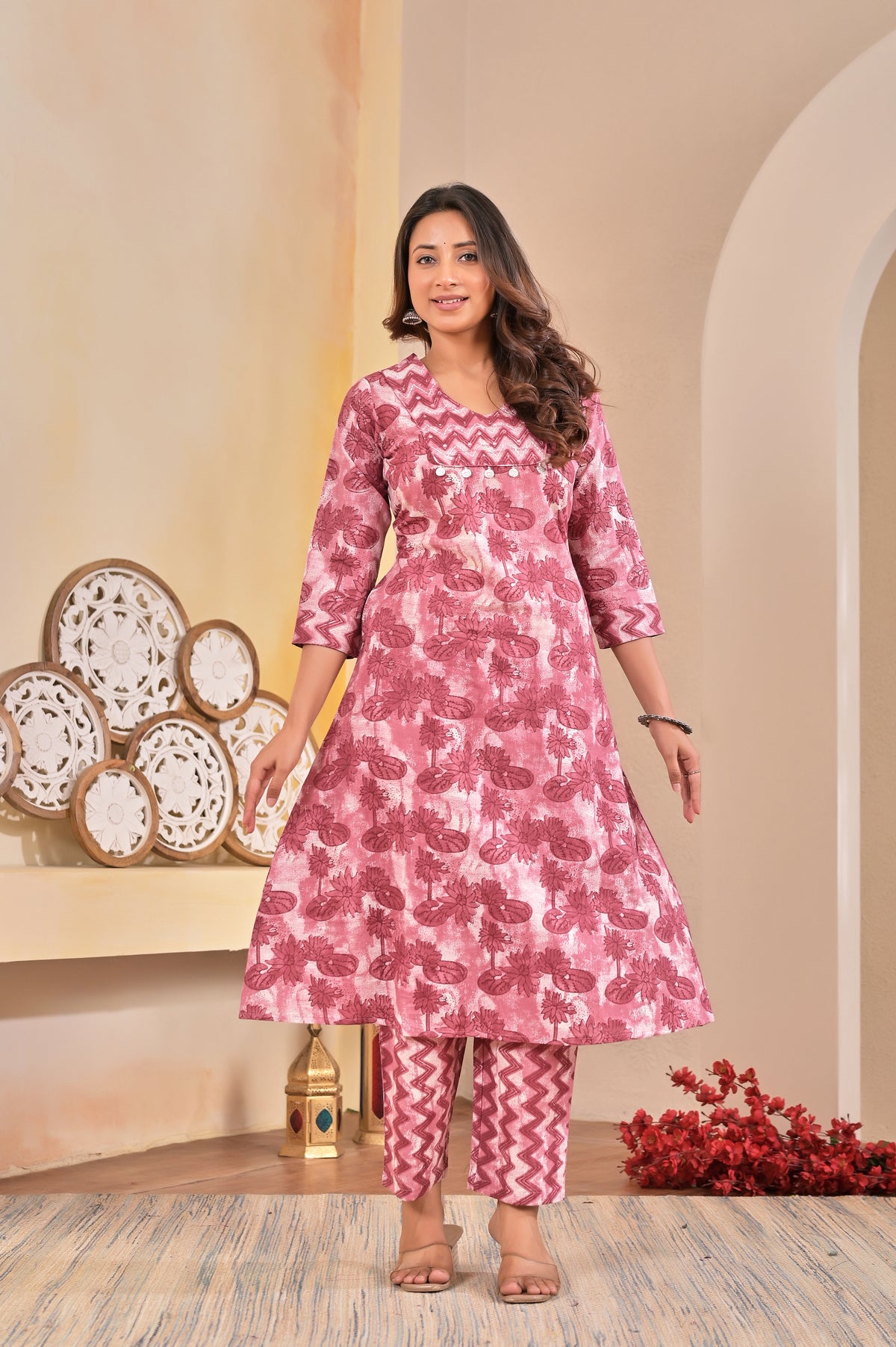 Women’s Printed A-Line Kurta Pant Dupatta Set with Handworked Neckline