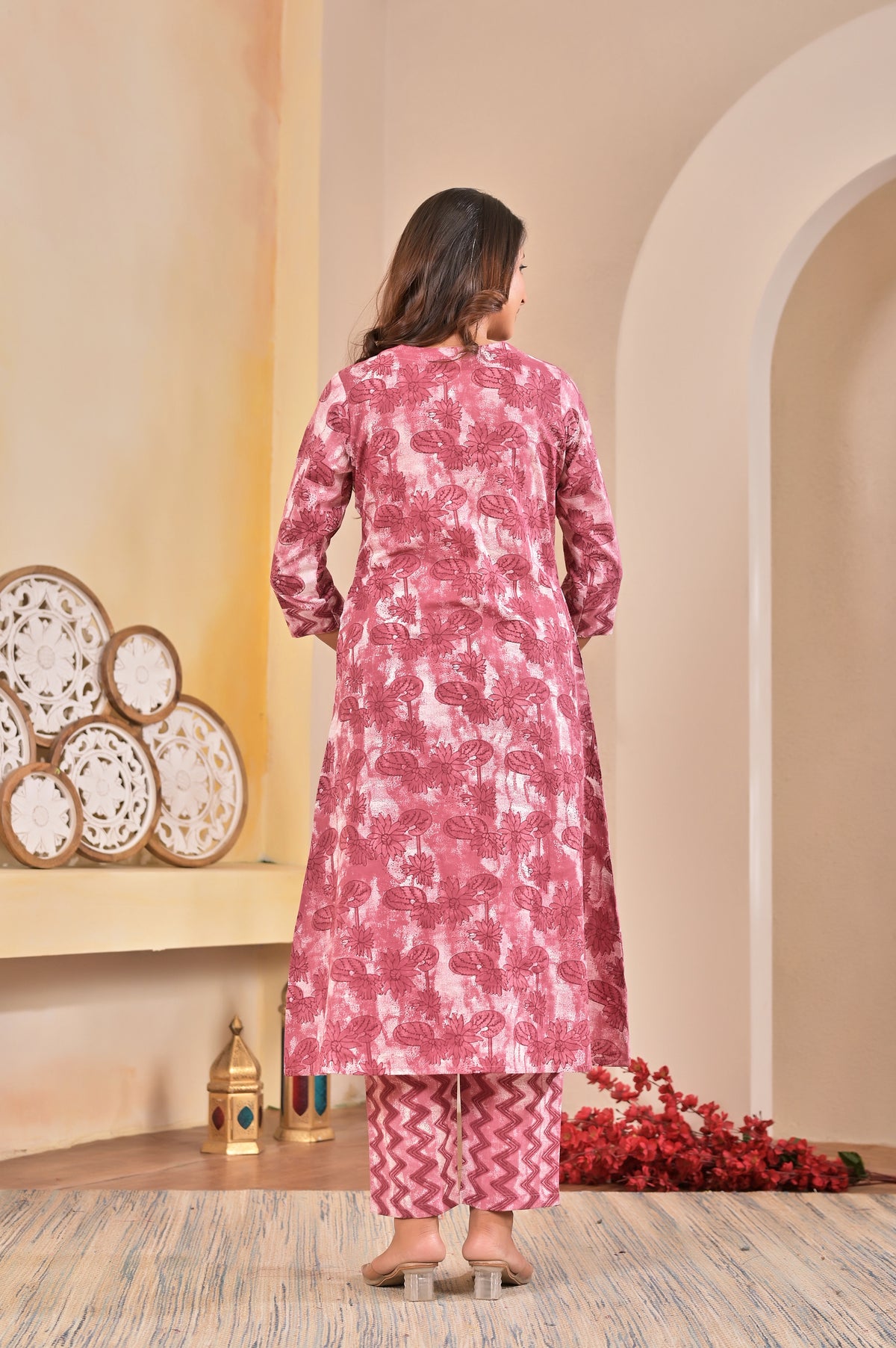 Women’s Printed A-Line Kurta Pant Dupatta Set with Handworked Neckline