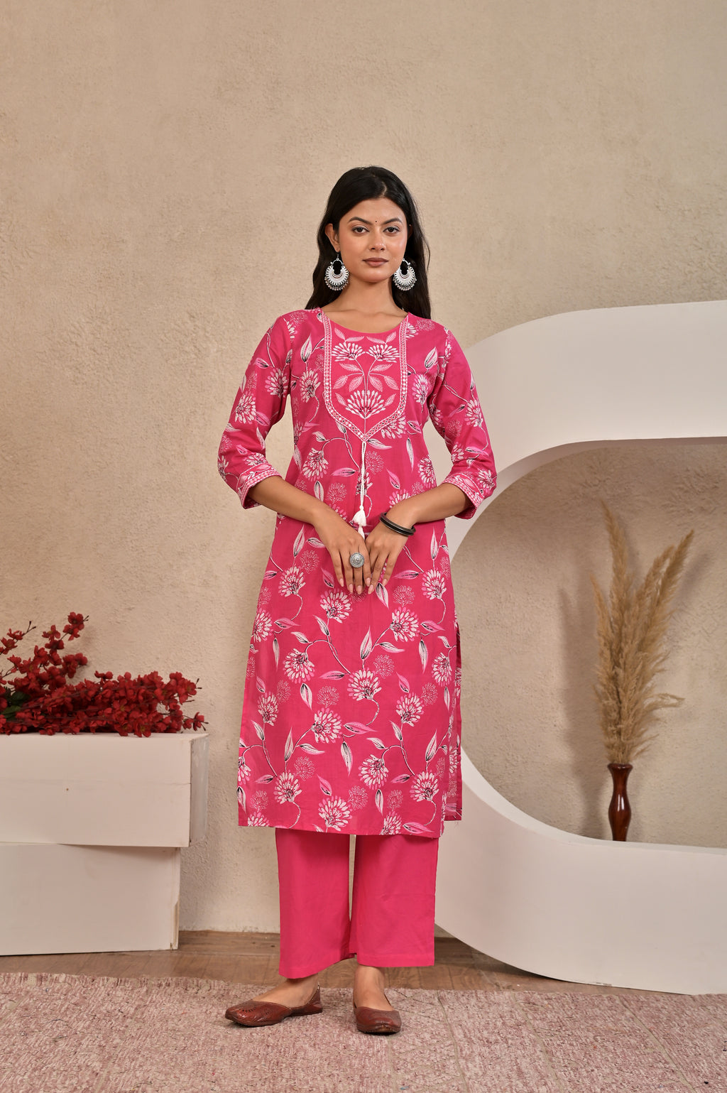 Women’s Straight Printed Kurta Set with Embroidered Yoke & Tassels
