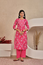 Women’s Straight Printed Kurta Set with Embroidered Yoke & Tassels