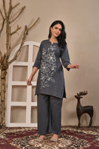 Women’s Floral Embroidered Kurta Pant Co-ord Set with 3/4 Sleeves