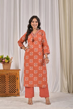 Printed Kurta Pant Set with Embroidered V-Neckline & Tassel Work