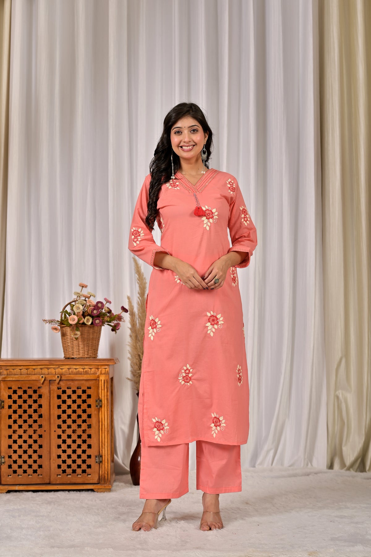 Women’s Embroidered Kurta Set with V-Neckline & Tassel Detailing