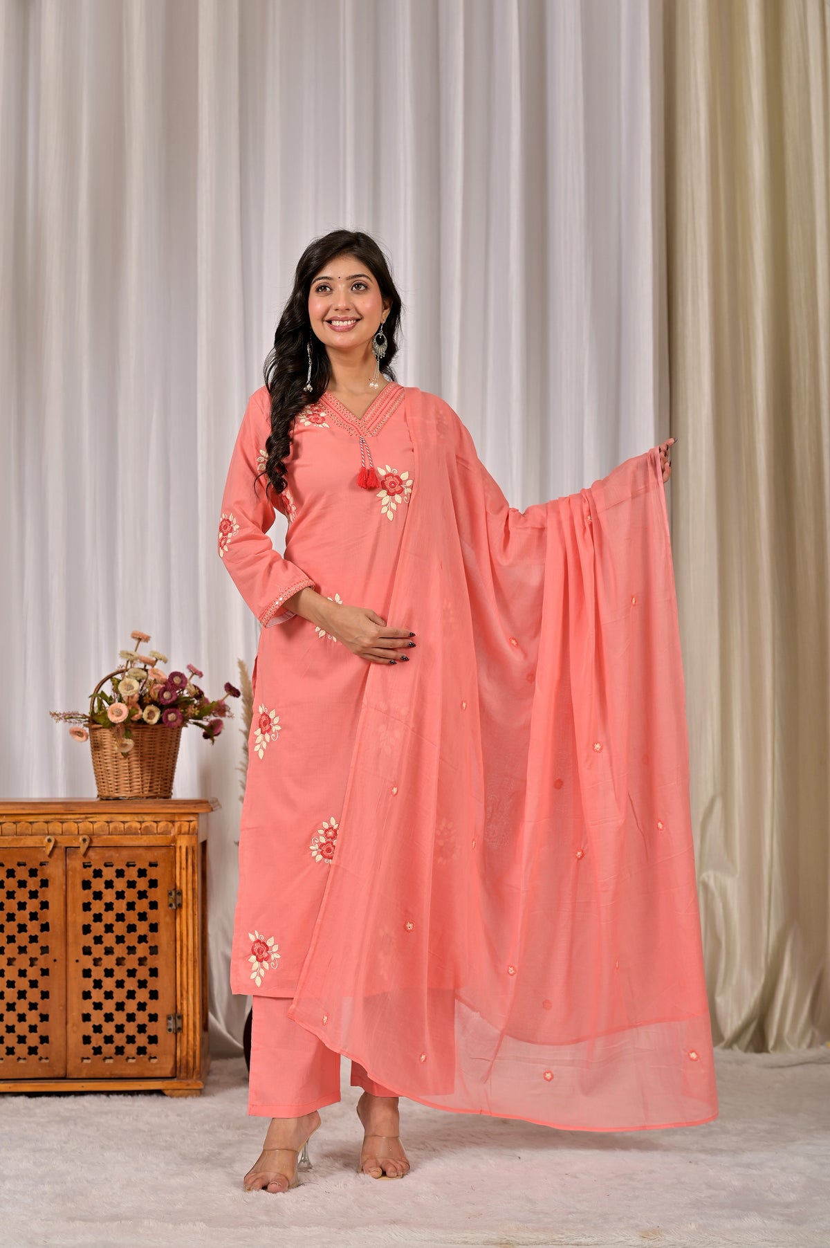 Women’s Embroidered Kurta Set with V-Neckline & Tassel Detailing