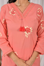 Women’s Embroidered Kurta Set with V-Neckline & Tassel Detailing