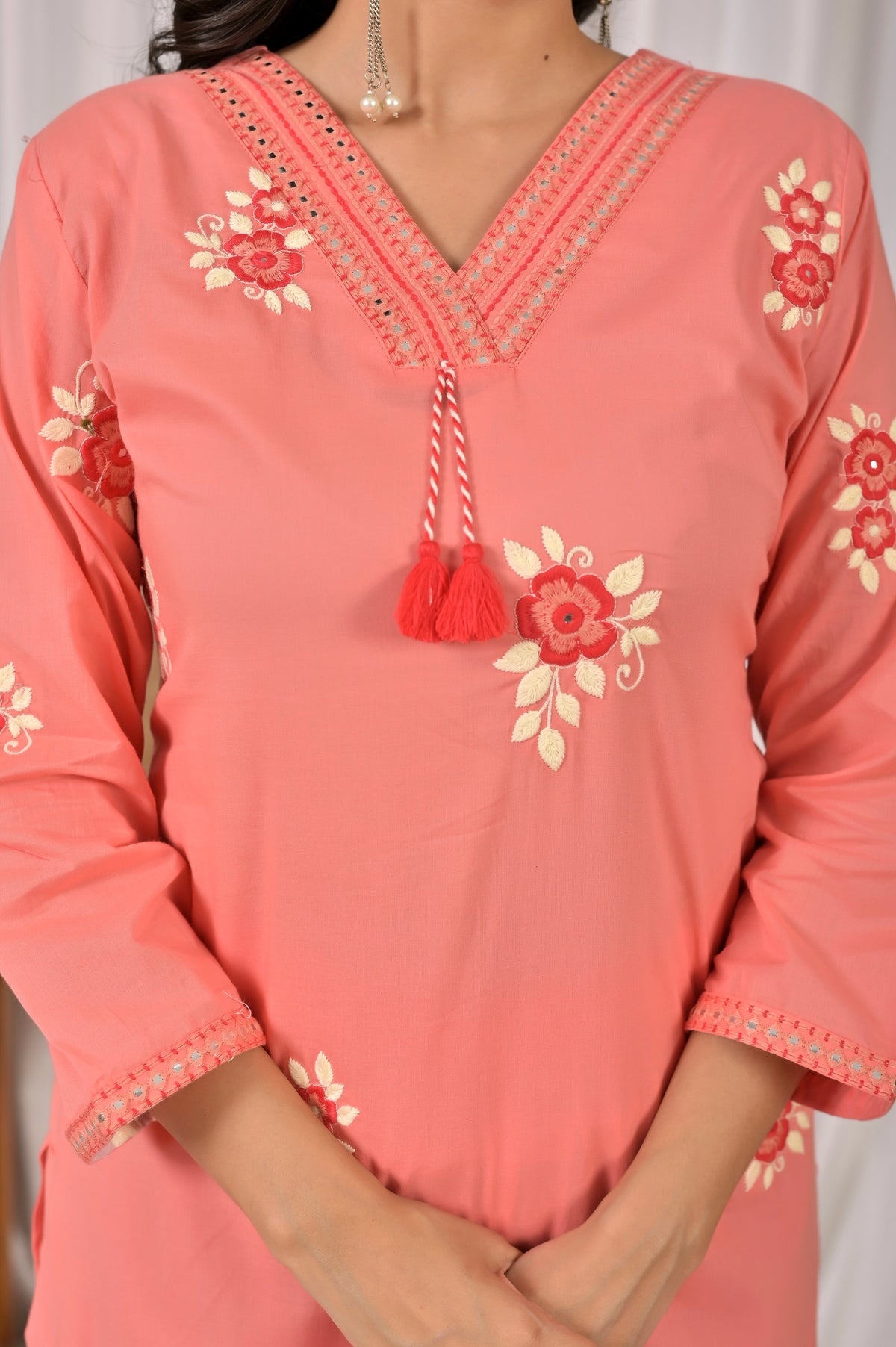 Women’s Embroidered Kurta Set with V-Neckline & Tassel Detailing