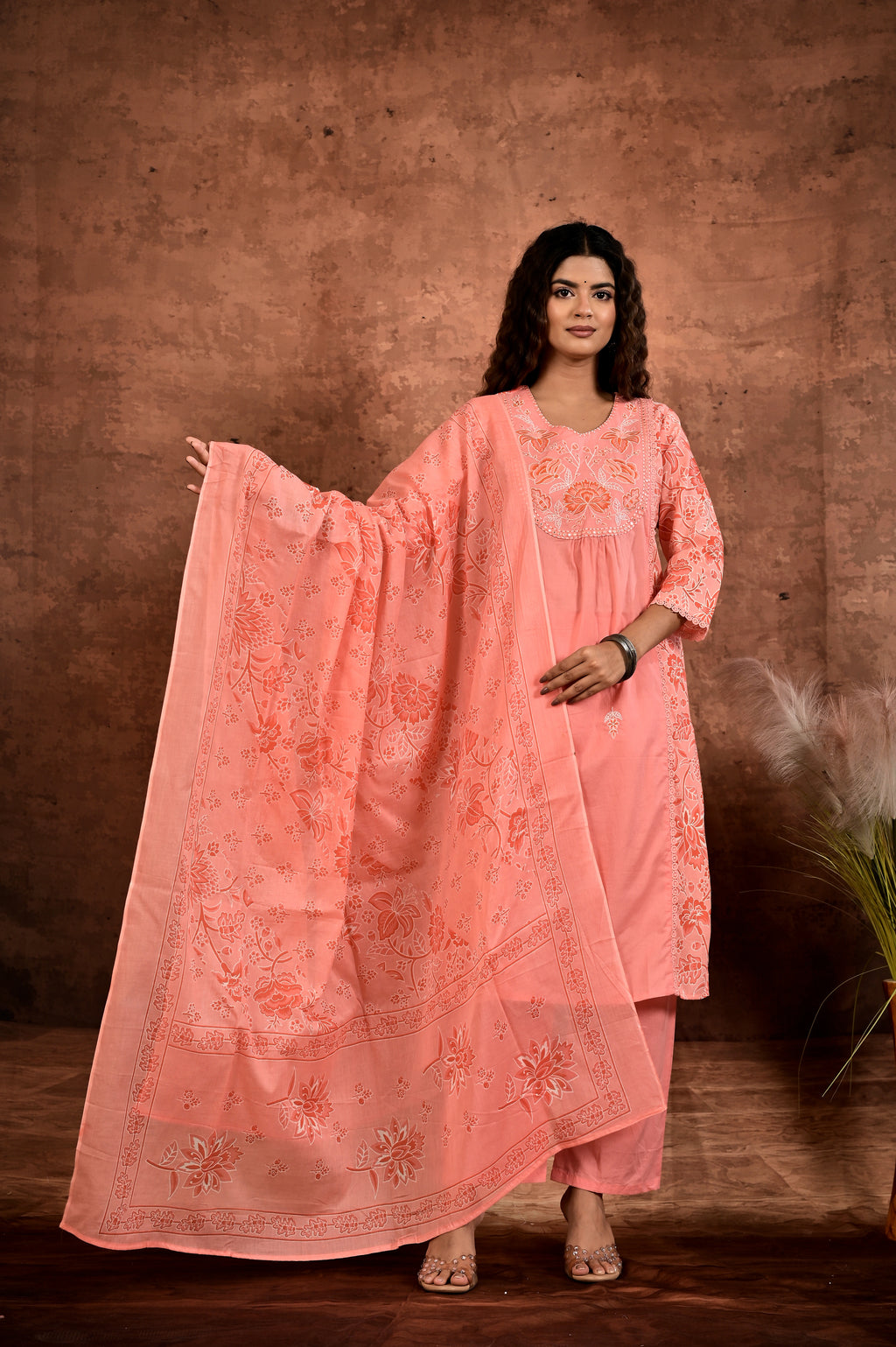 Women’s A-Line Printed Kurta Set with Heavy Embroidered Center Panel