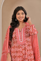 Women’s Printed Anarkali Kurta Pant Dupatta Set with Embroidered Yoke