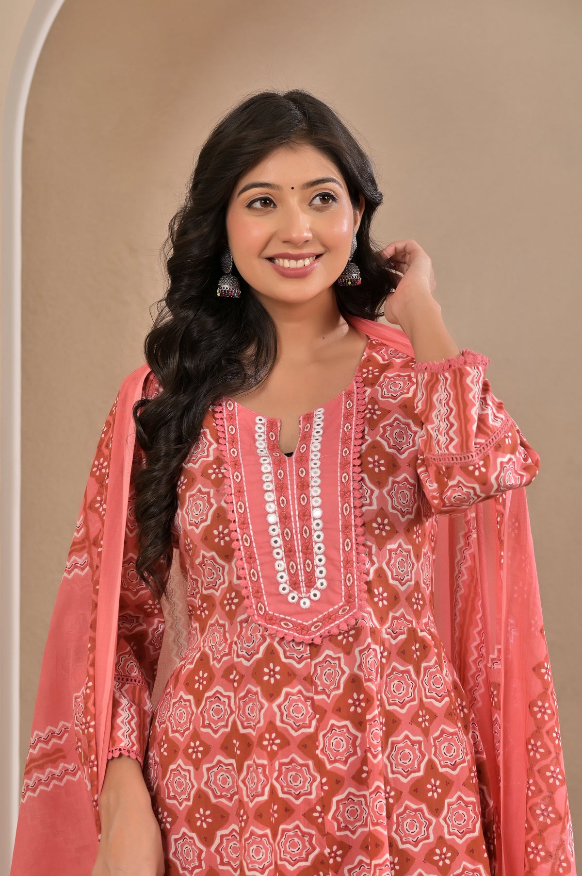 Women’s Printed Anarkali Kurta Pant Dupatta Set with Embroidered Yoke