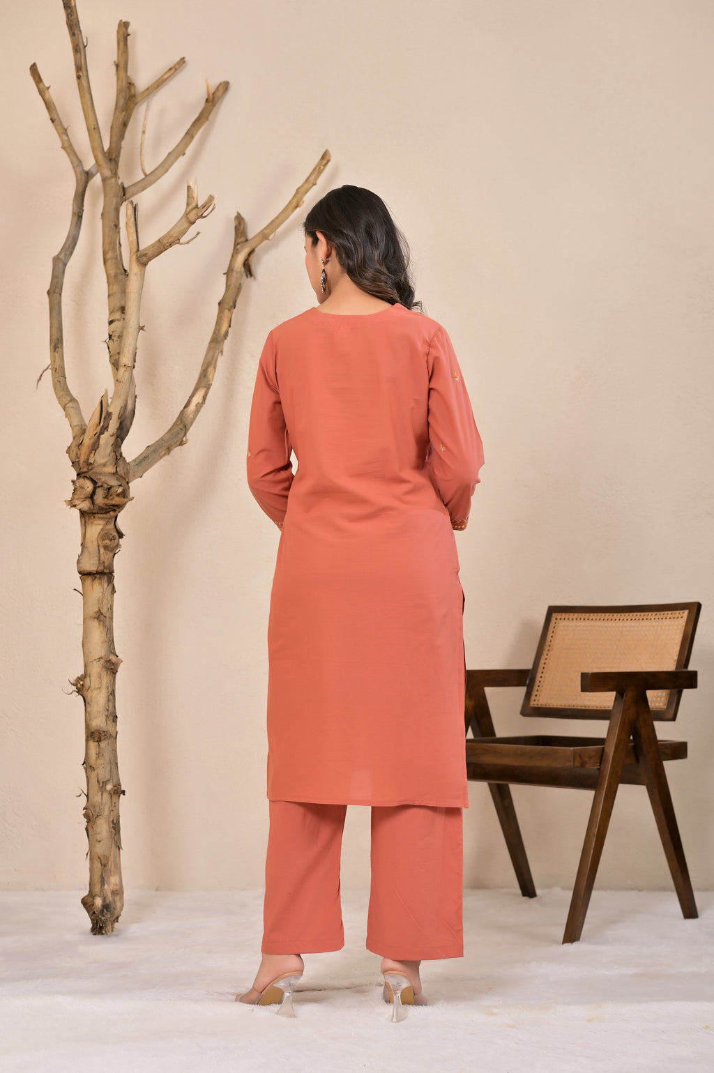 Women’s Straight Embroidered Kurta Pant Co-ord Set with V-Neck