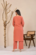 Women’s Straight Embroidered Kurta Pant Co-ord Set with V-Neck