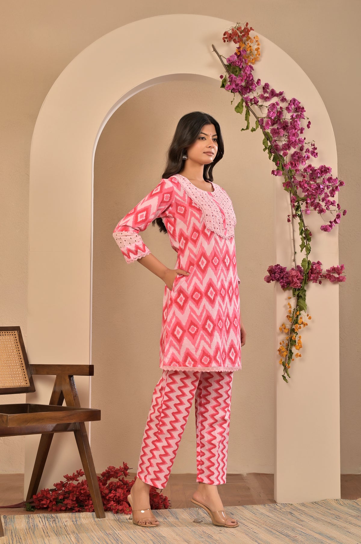 Women’s Schiffli Yoke Co-ord Set with Lace Detailing & Pocket