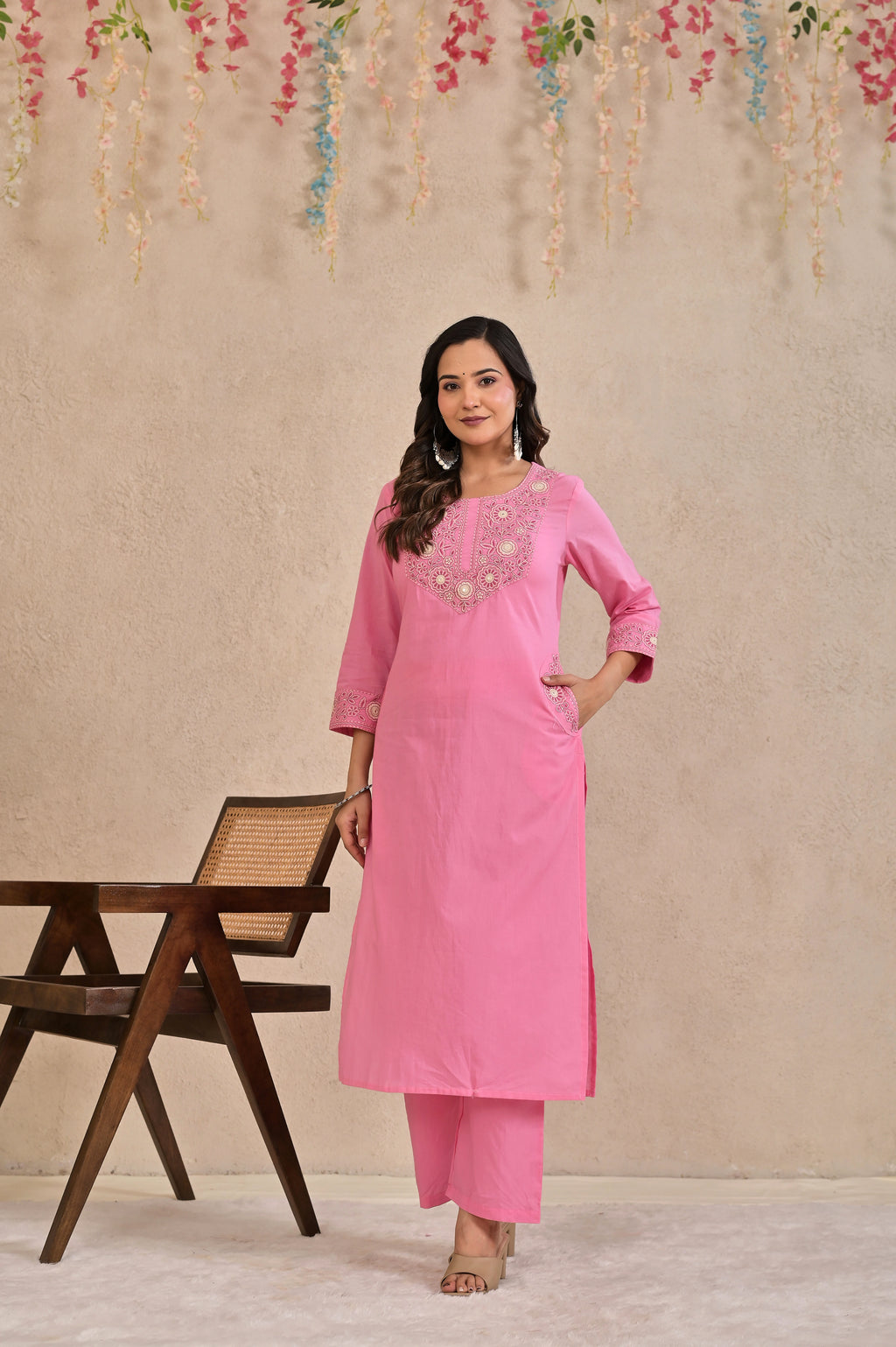 Women’s Embroidered Kurta Pant Dupatta Set with Floral Yoke