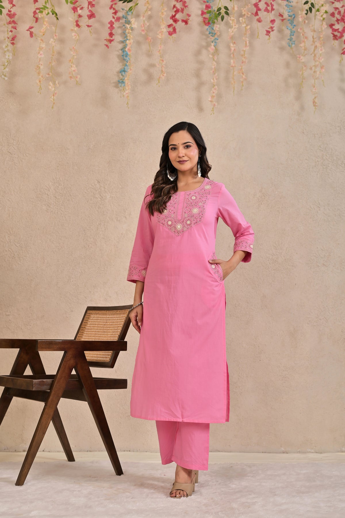 Women’s Embroidered Kurta Pant Dupatta Set with Floral Yoke