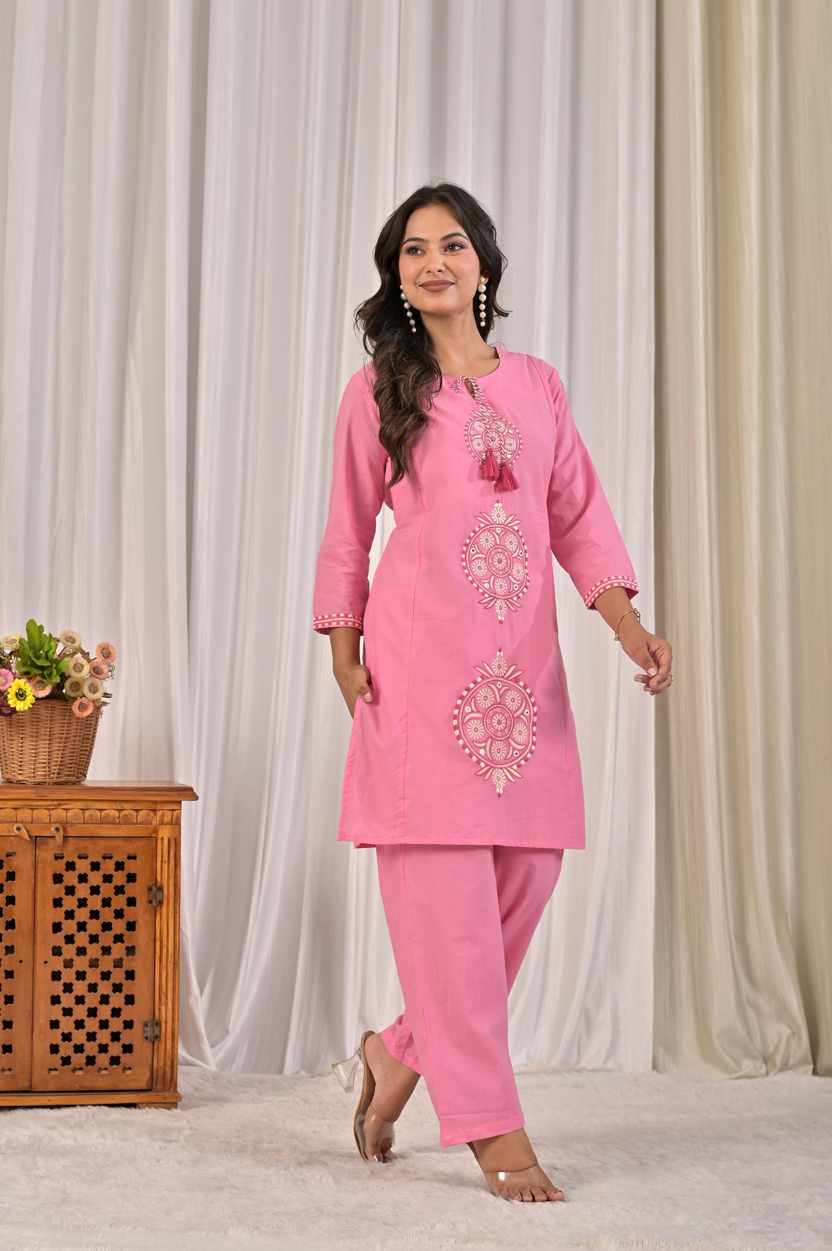 Embroidered Co-ord Set with Tassel Yoke & 3/4 Sleeves