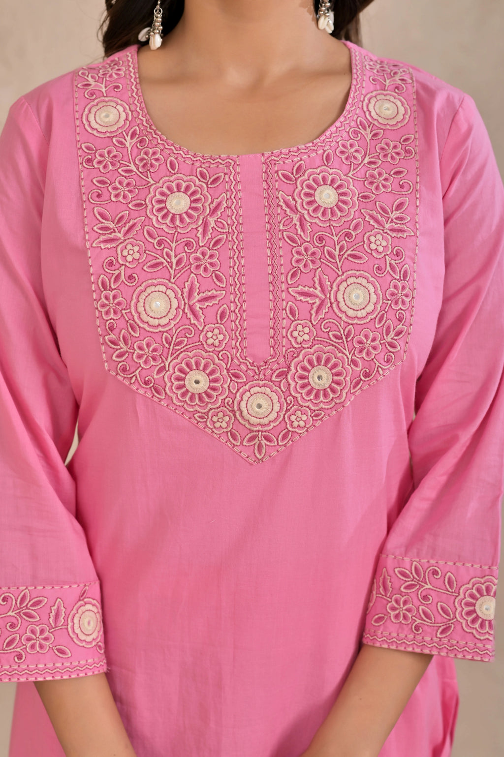 Women’s Embroidered Kurta Pant Dupatta Set with Floral Yoke