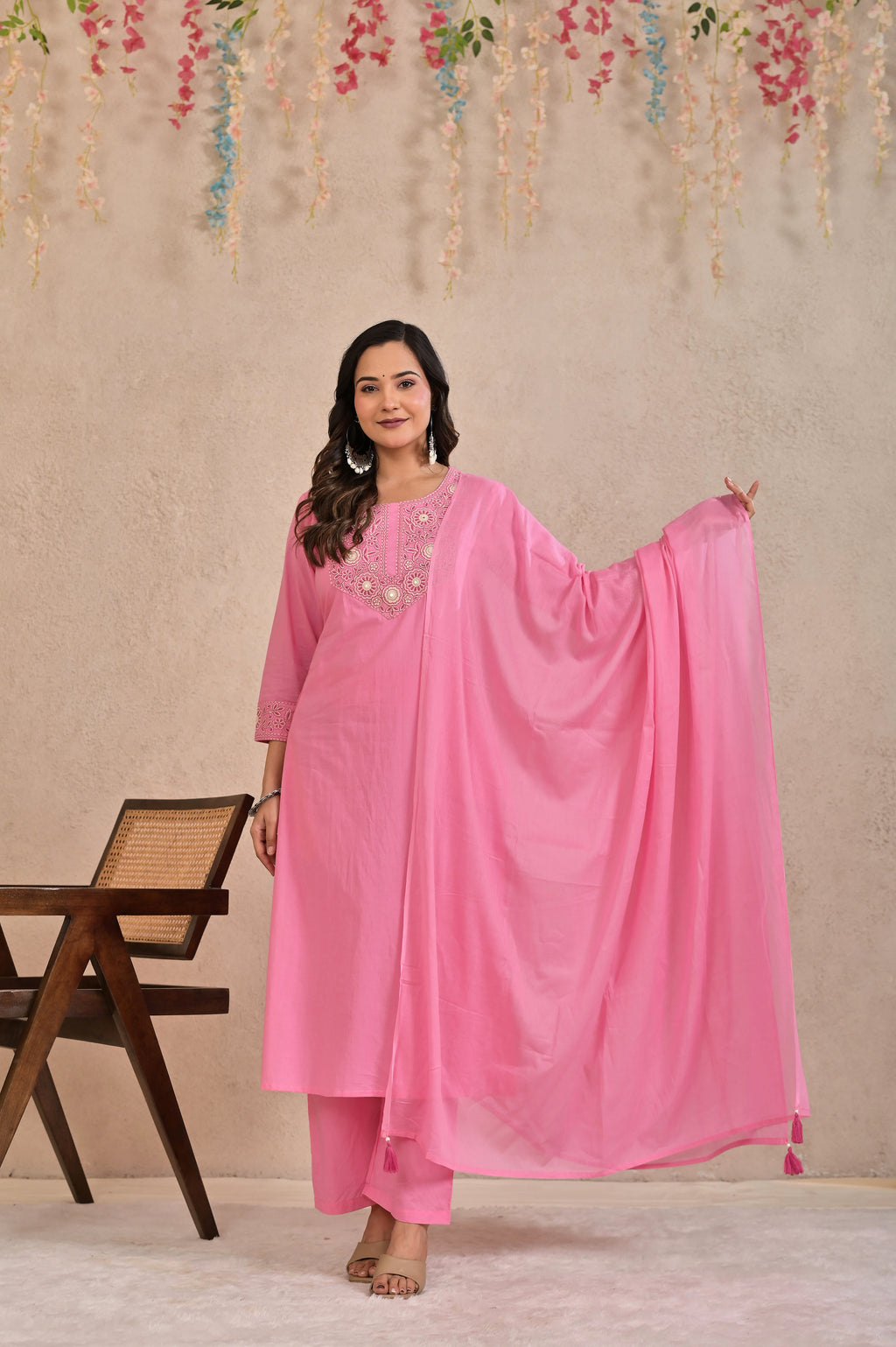 Women’s Embroidered Kurta Pant Dupatta Set with Floral Yoke
