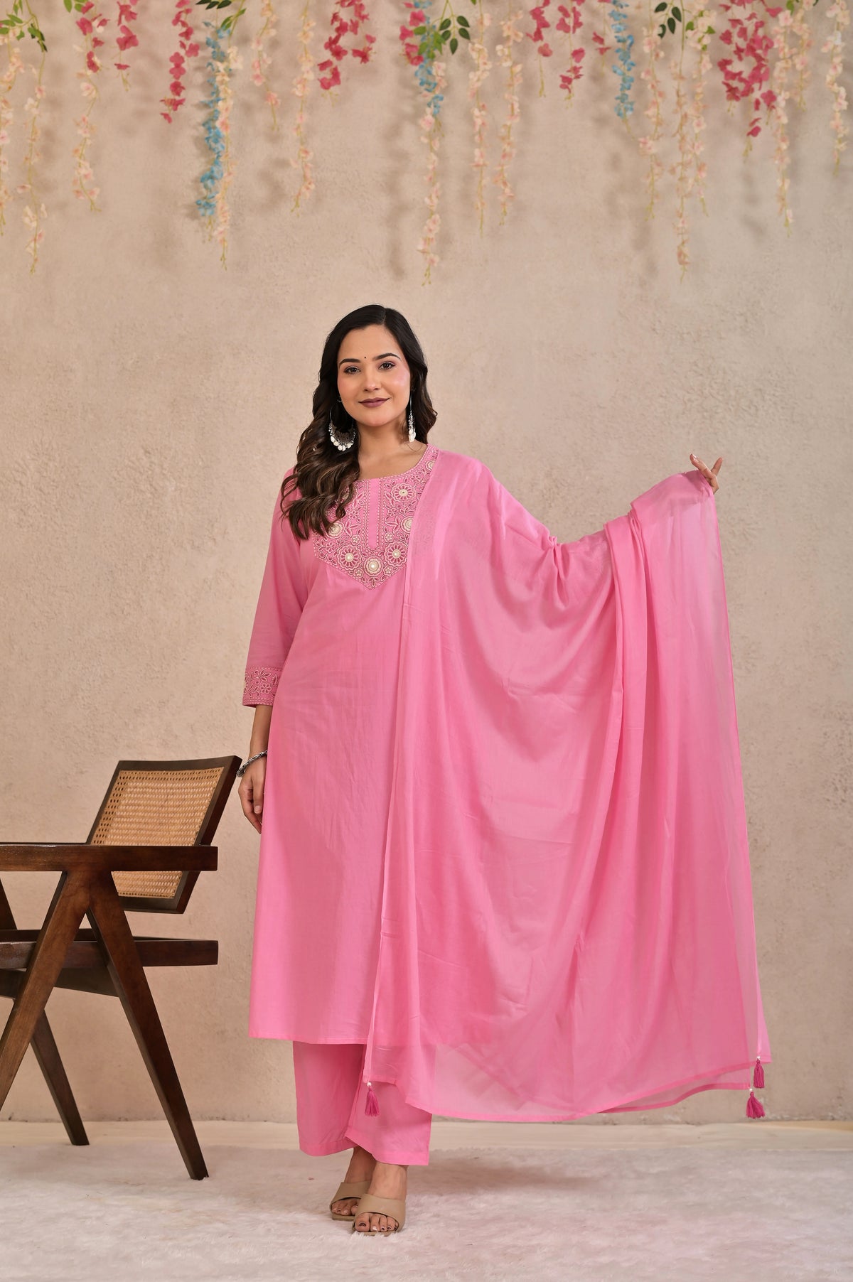 Women’s Embroidered Kurta Pant Dupatta Set with Floral Yoke