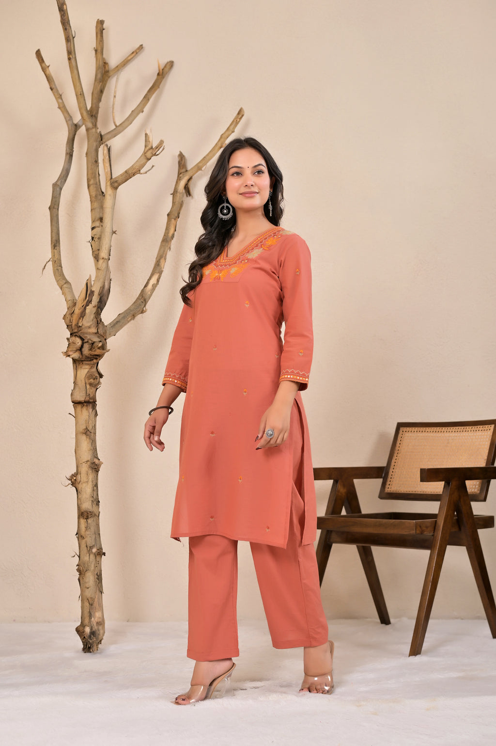 Women’s Straight Embroidered Kurta Pant Co-ord Set with V-Neck