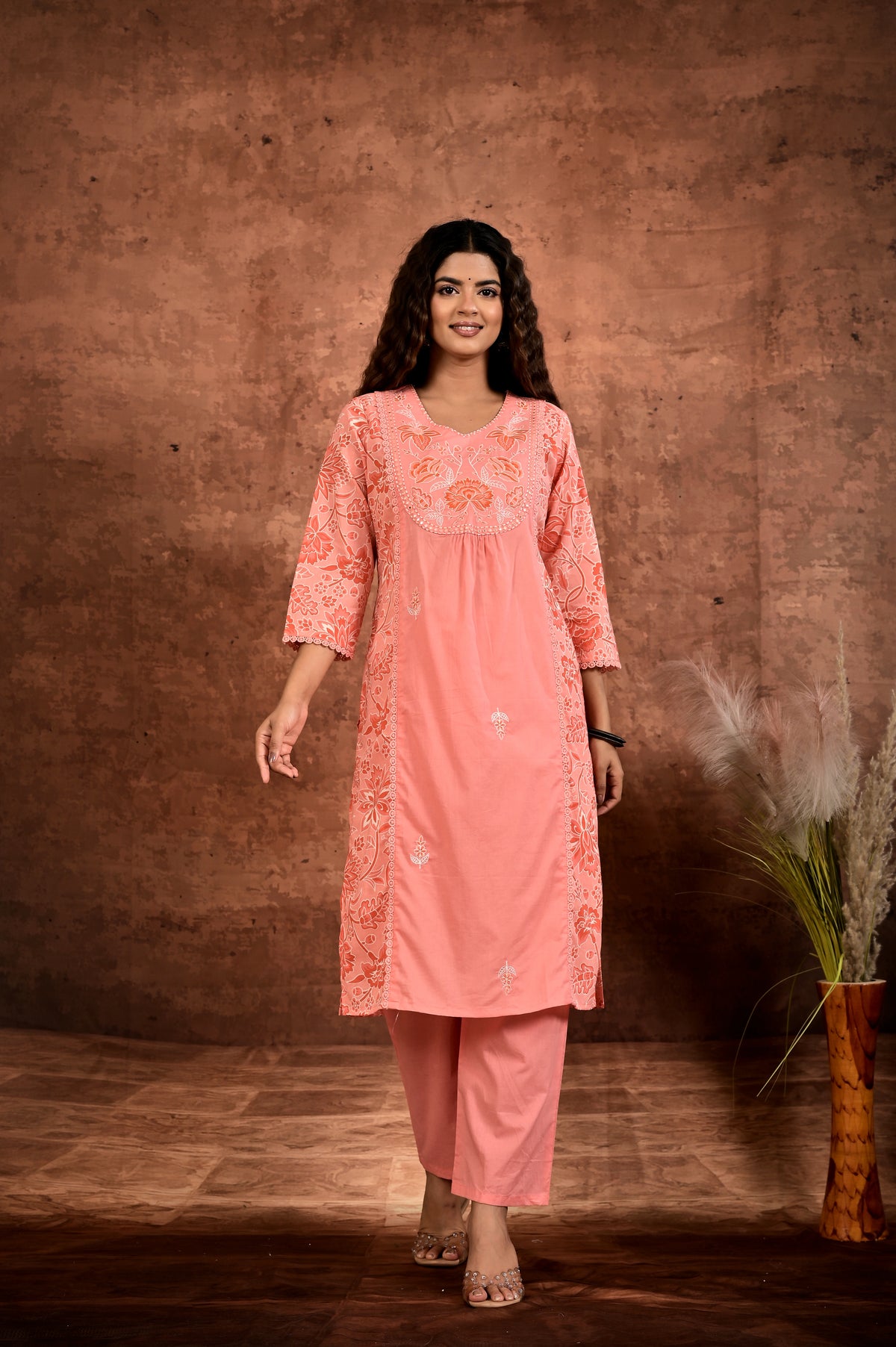Women’s A-Line Printed Kurta Set with Heavy Embroidered Center Panel