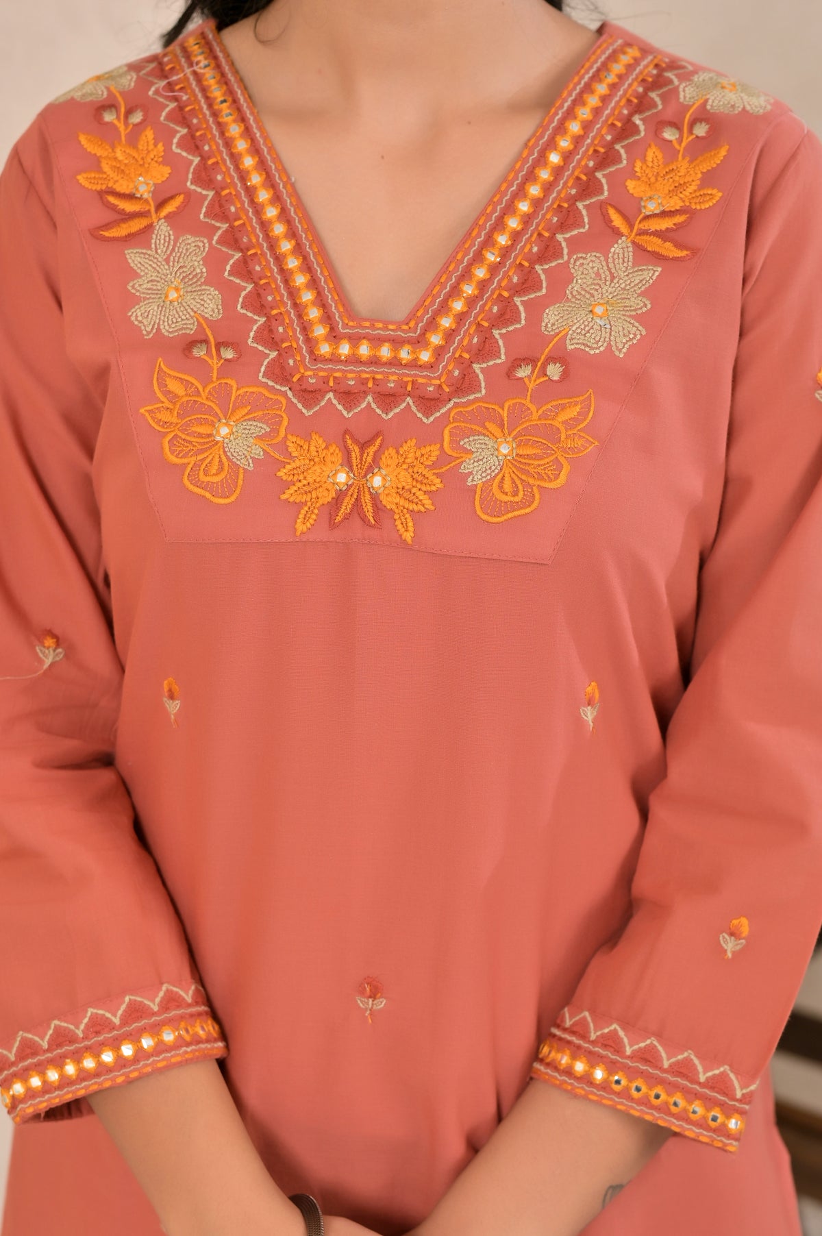 Women’s Straight Embroidered Kurta Pant Co-ord Set with V-Neck