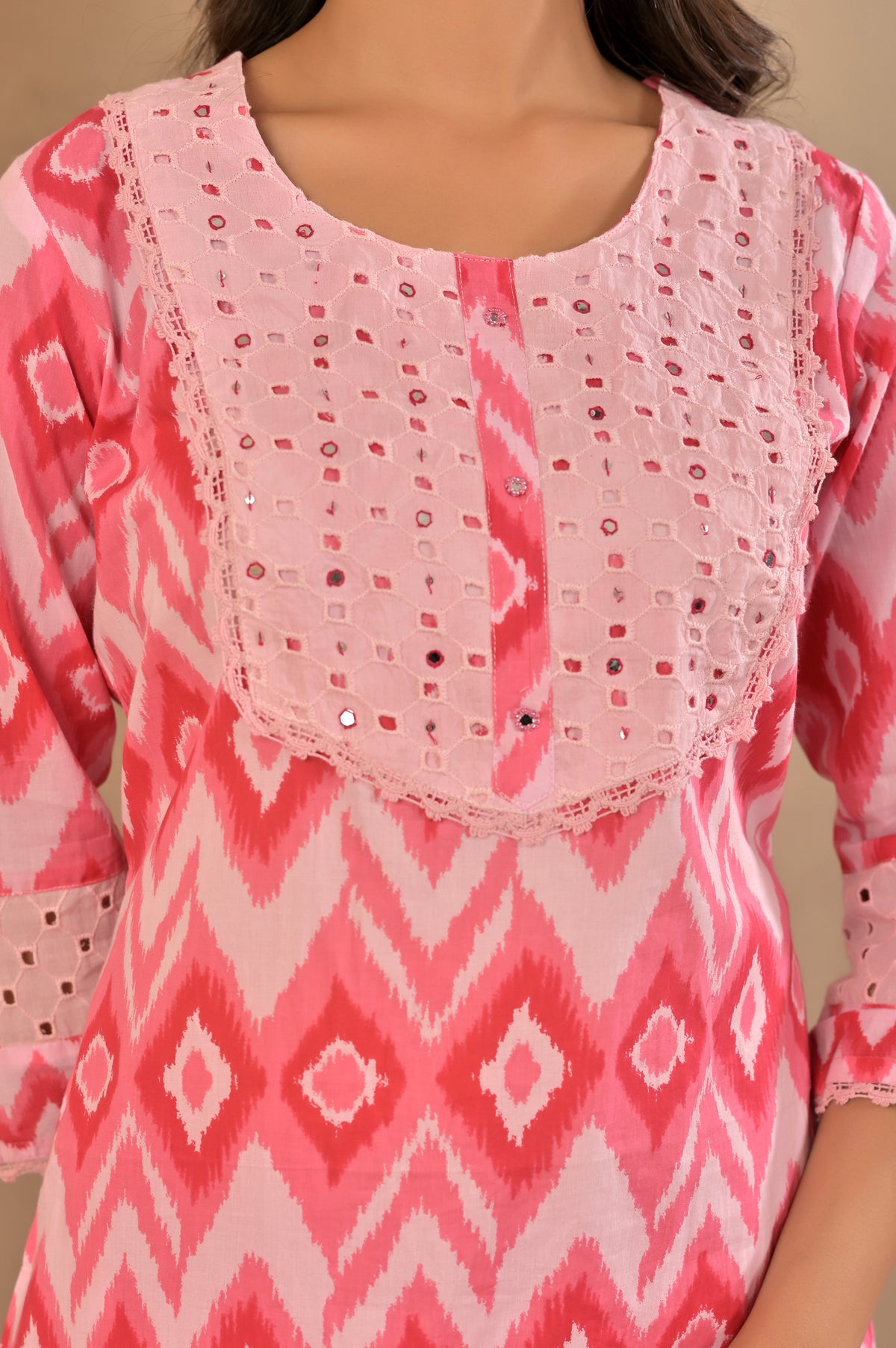 Women’s Schiffli Yoke Co-ord Set with Lace Detailing & Pocket