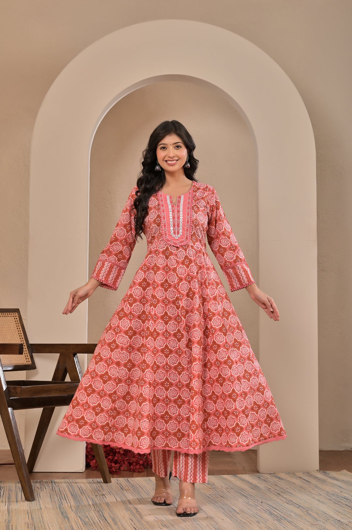 Women’s Printed Anarkali Kurta Pant Dupatta Set with Embroidered Yoke