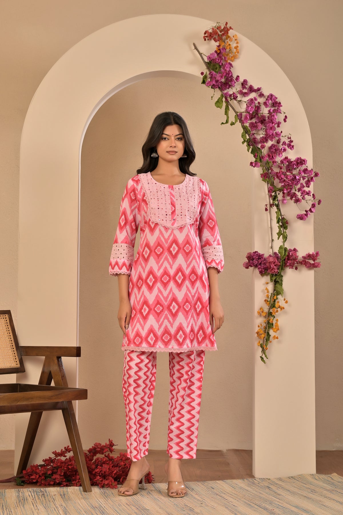 Women’s Schiffli Yoke Co-ord Set with Lace Detailing & Pocket