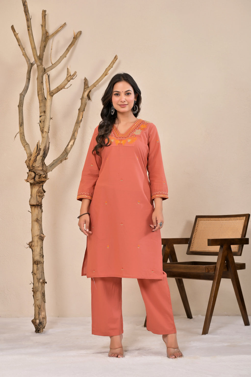 Women’s Straight Embroidered Kurta Pant Co-ord Set with V-Neck