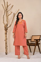 Women’s Straight Embroidered Kurta Pant Co-ord Set with V-Neck