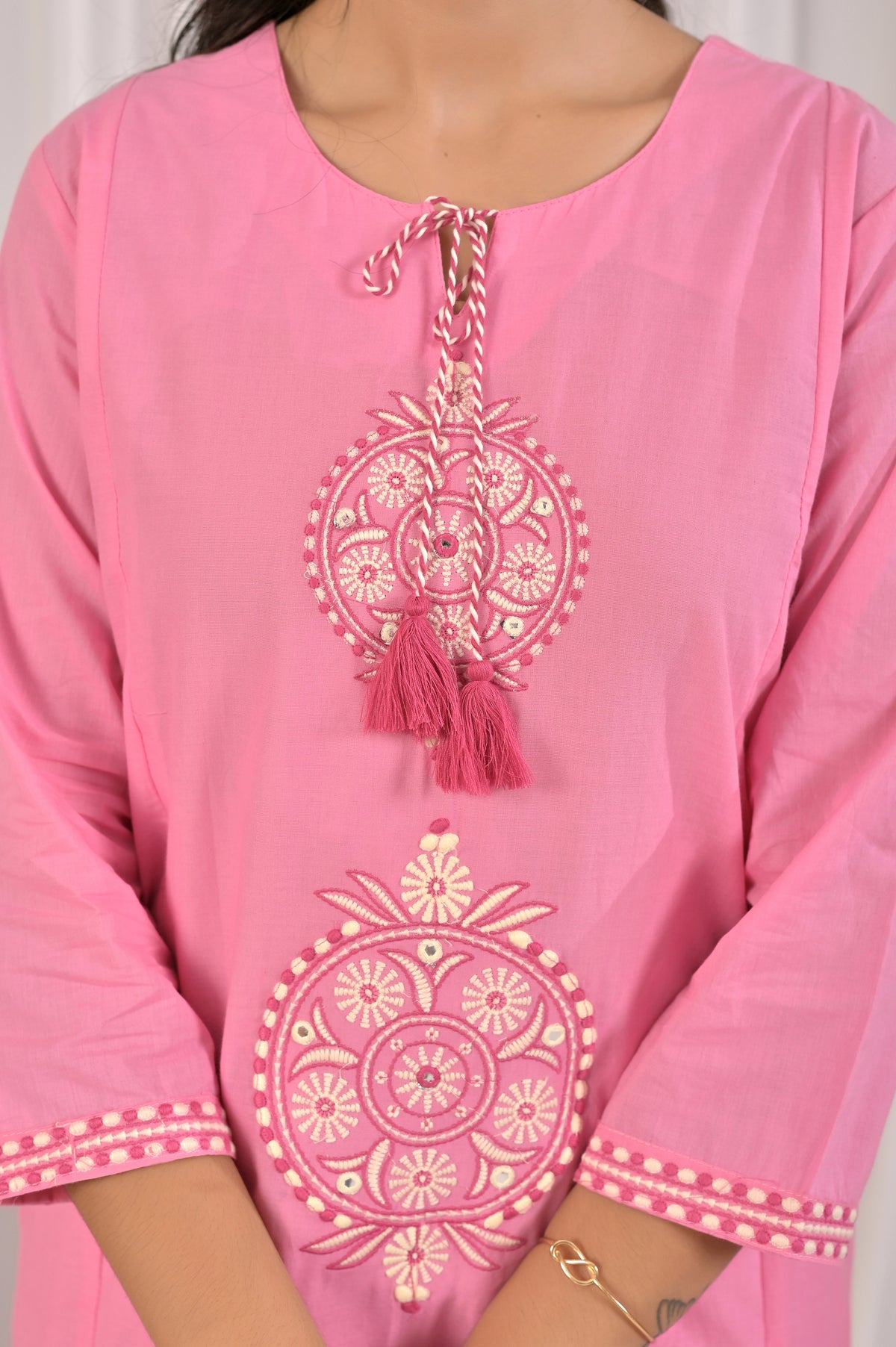 Embroidered Co-ord Set with Tassel Yoke & 3/4 Sleeves