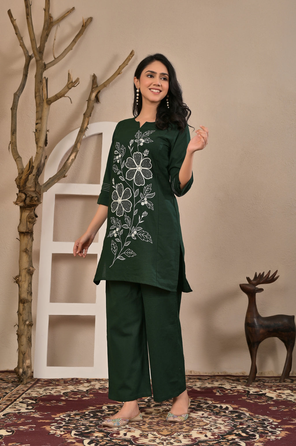 Women’s Floral Embroidered Kurta Pant Co-ord Set with 3/4 Sleeves