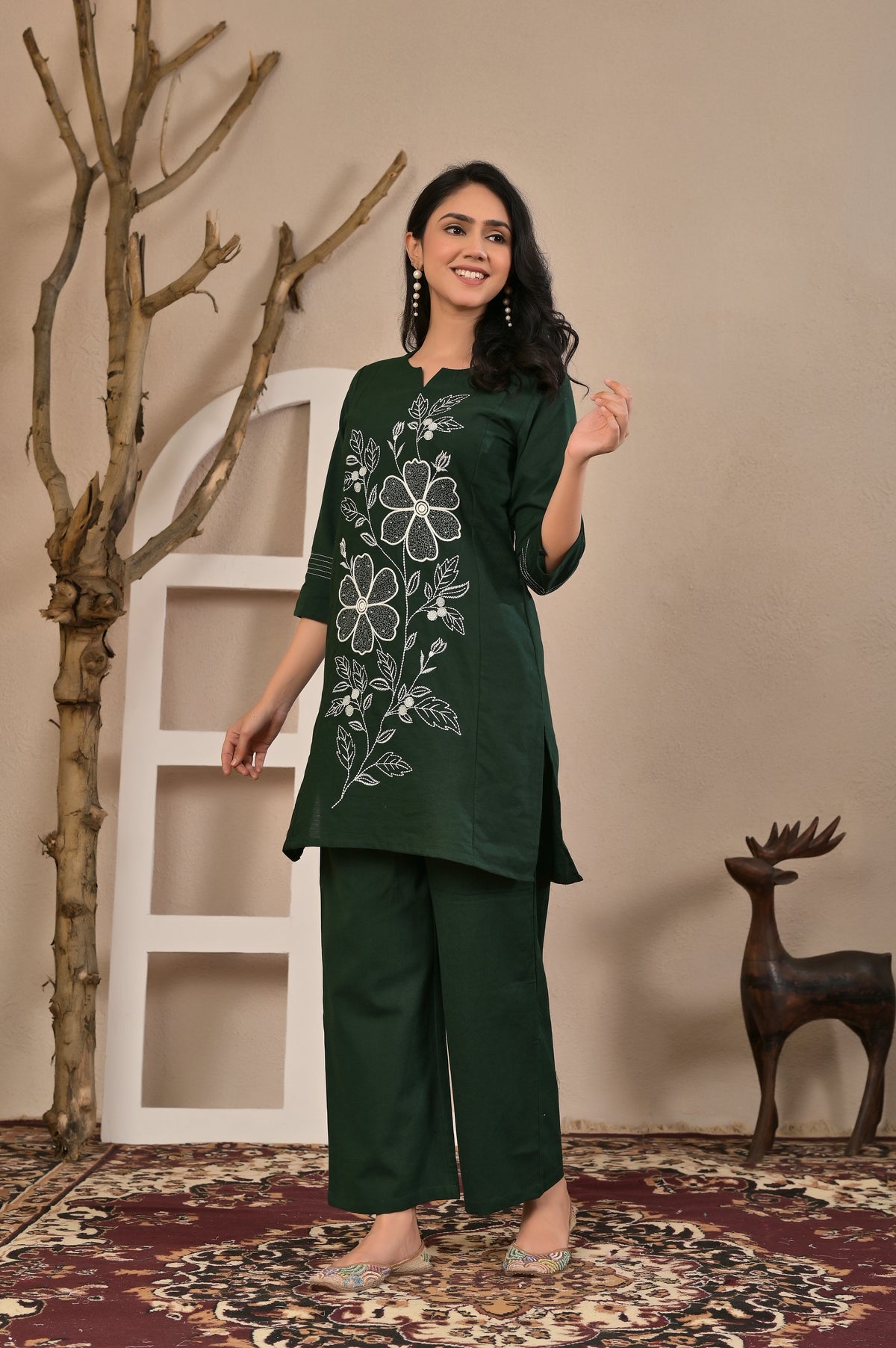 Women’s Floral Embroidered Kurta Pant Co-ord Set with 3/4 Sleeves
