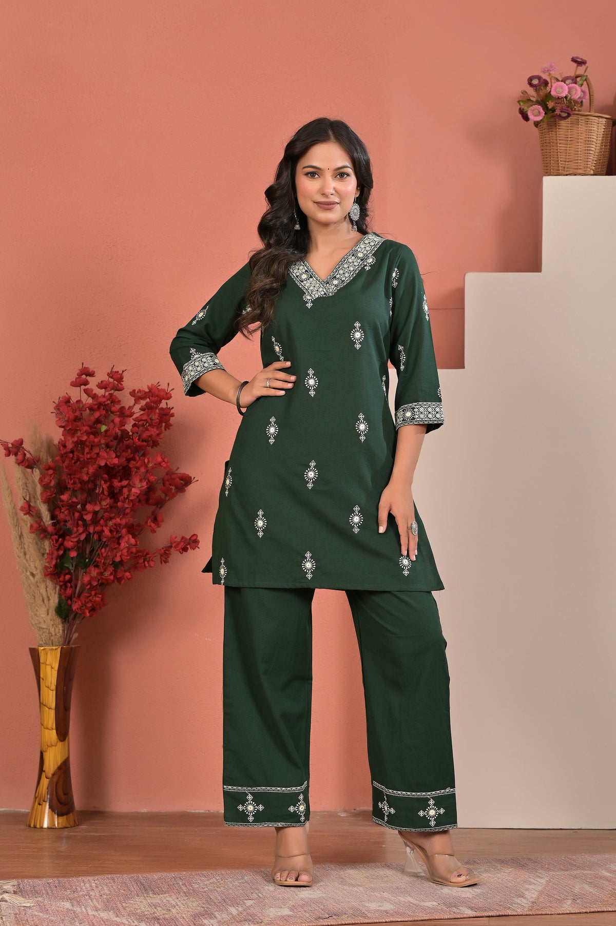 Women’s Cotton Flex Embroidered Kurta Pant Co-ord Set