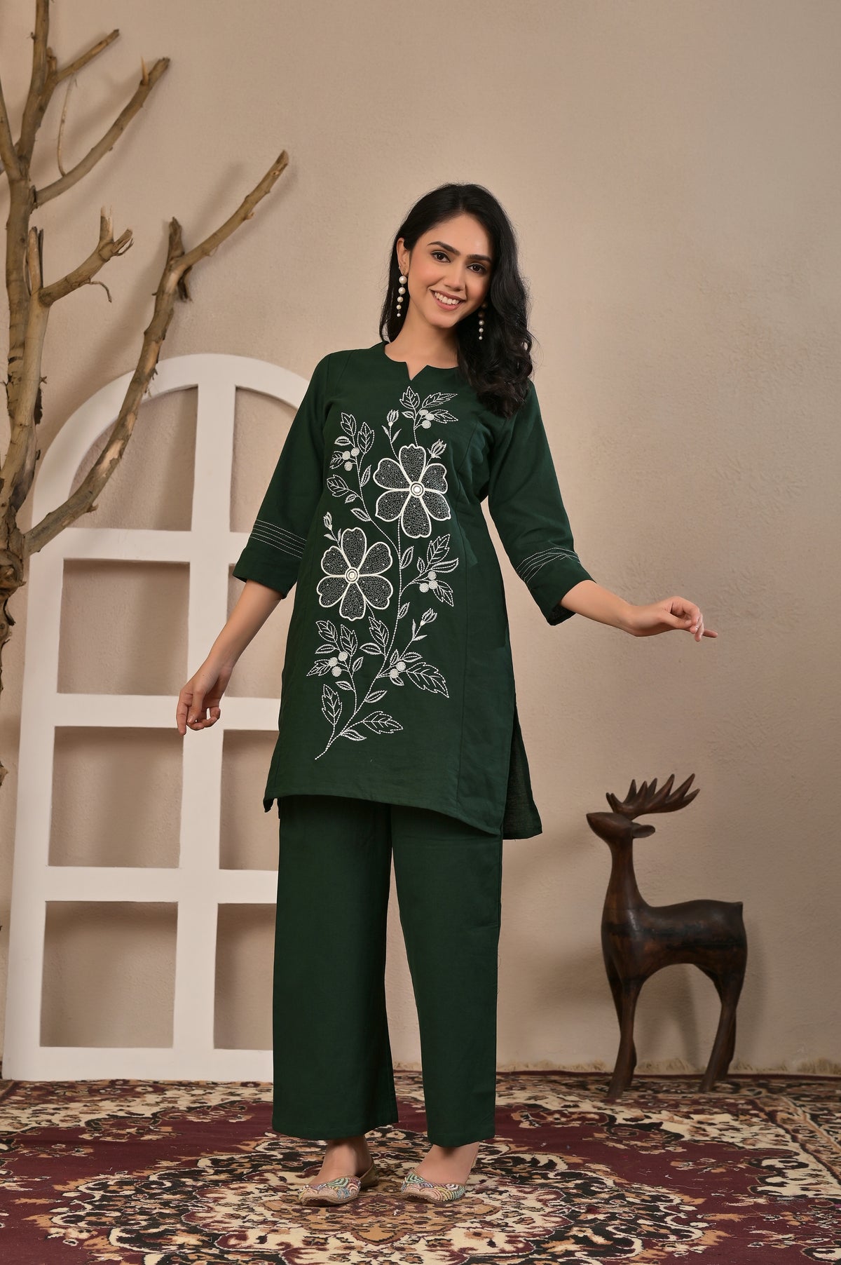 Women’s Floral Embroidered Kurta Pant Co-ord Set with 3/4 Sleeves