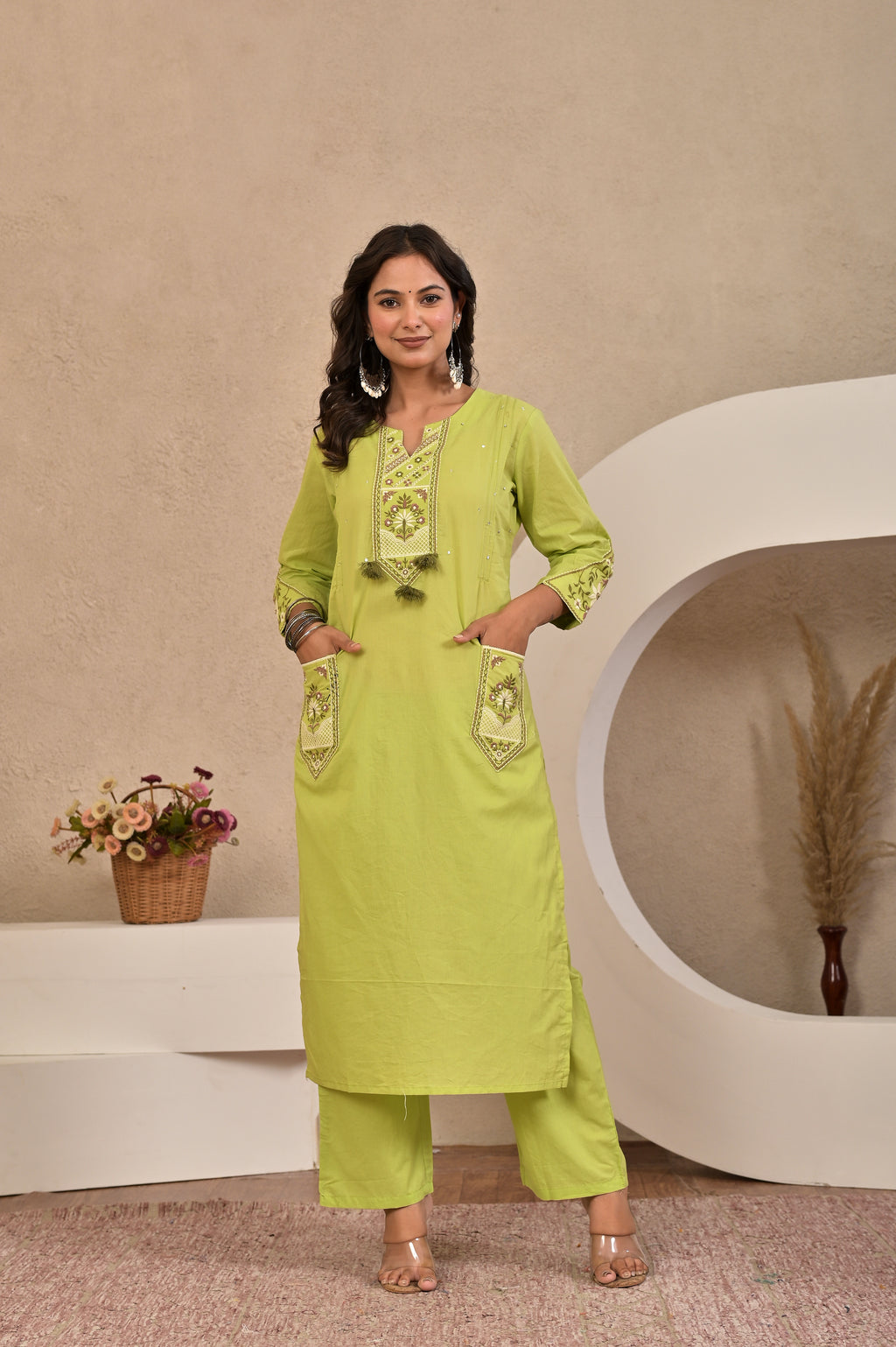 Women’s Embroidered Kurta Set with Lace, Handwork & Tassel Details