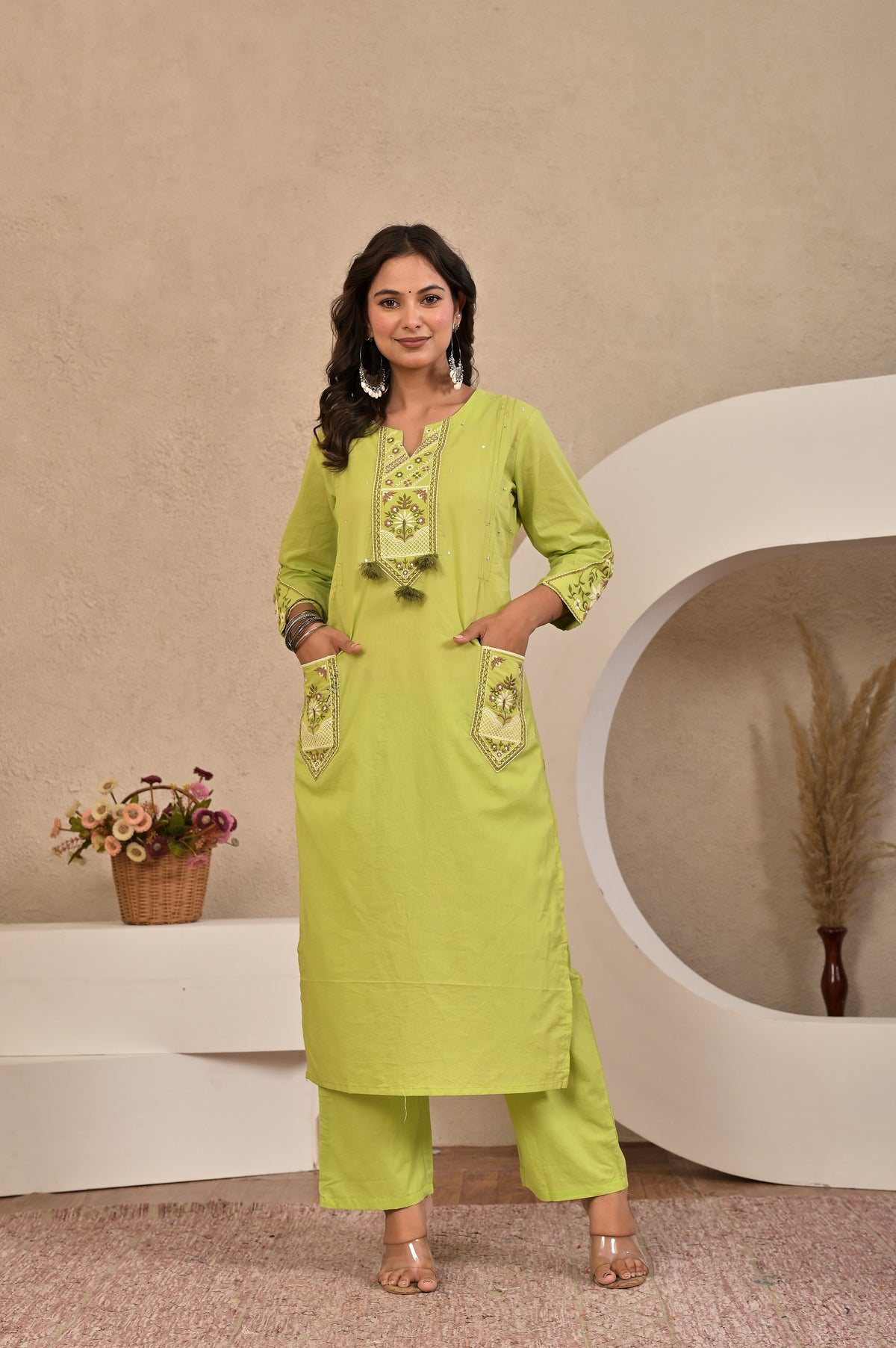 Women’s Embroidered Kurta Set with Lace, Handwork & Tassel Details