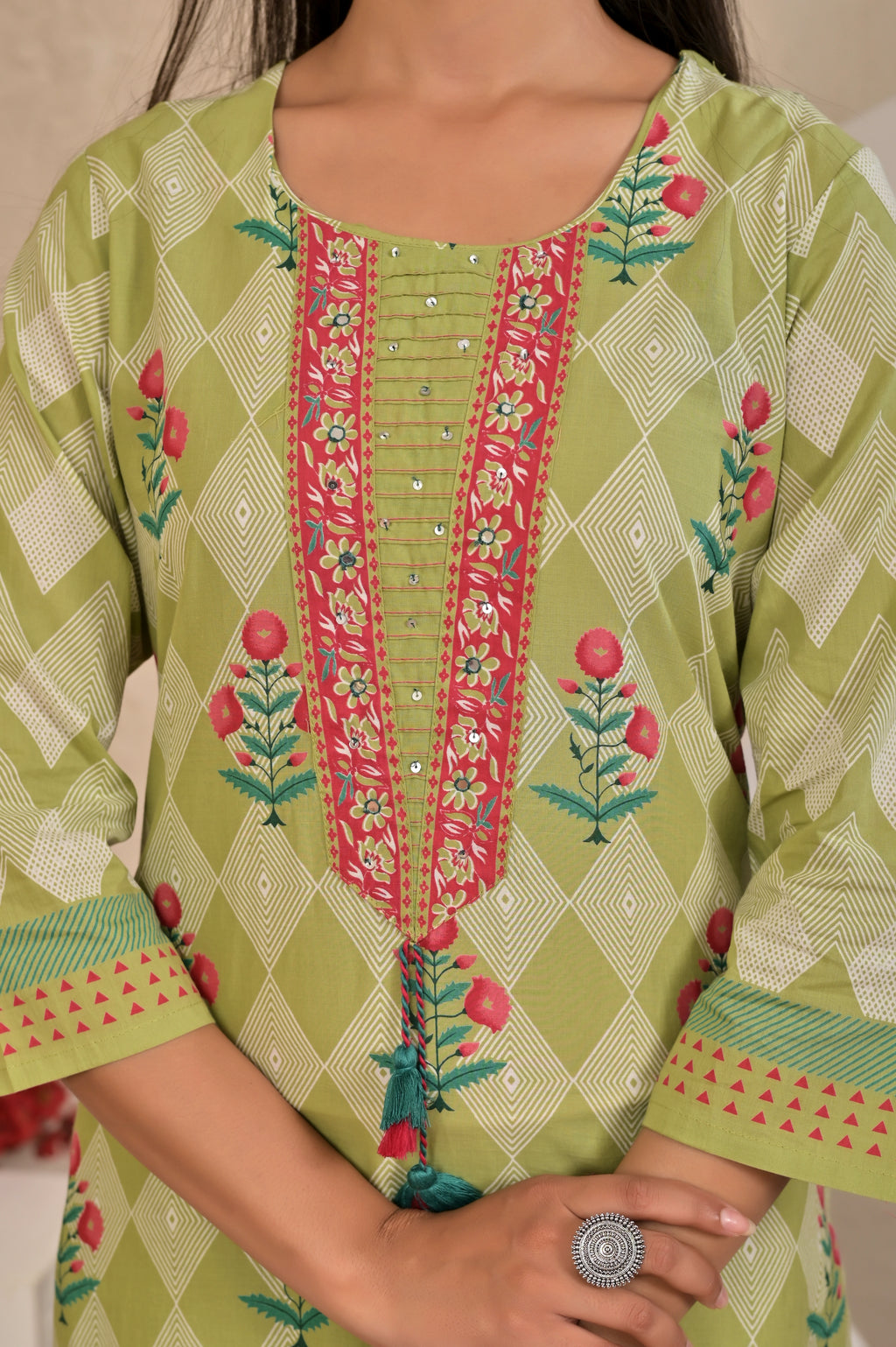 Women’s Panel Printed Kurta Set with Pin Tucks, Neckline Handwork & Tassels