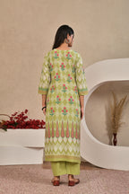 Women’s Panel Printed Kurta Set with Pin Tucks, Neckline Handwork & Tassels