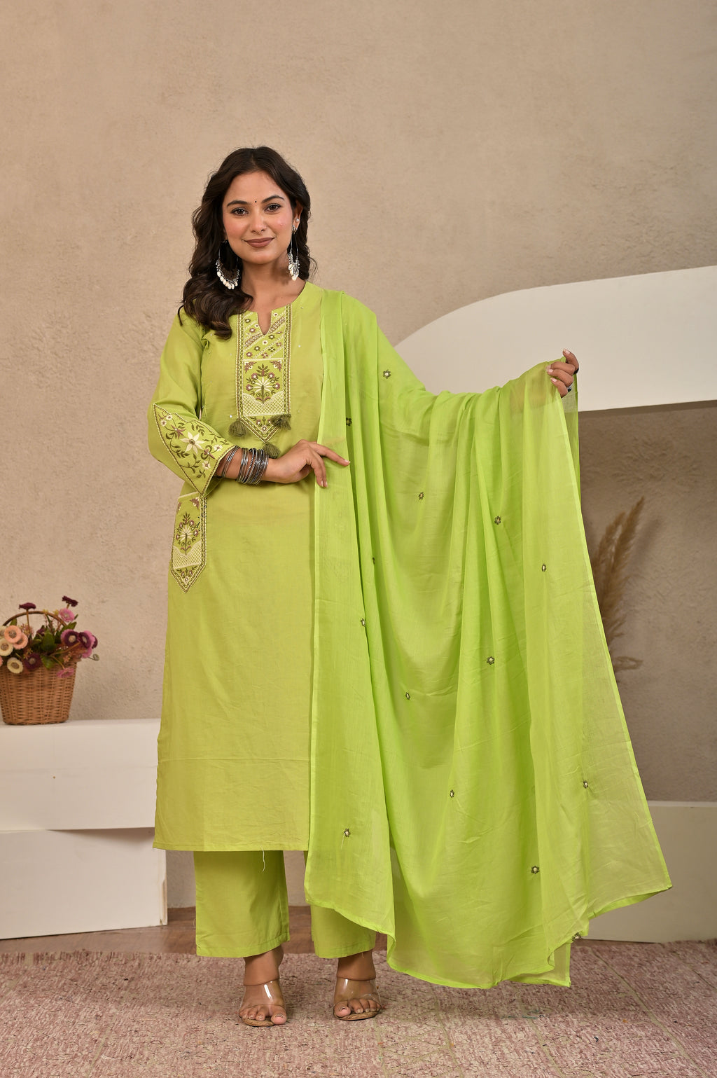 Women’s Embroidered Kurta Set with Lace, Handwork & Tassel Details