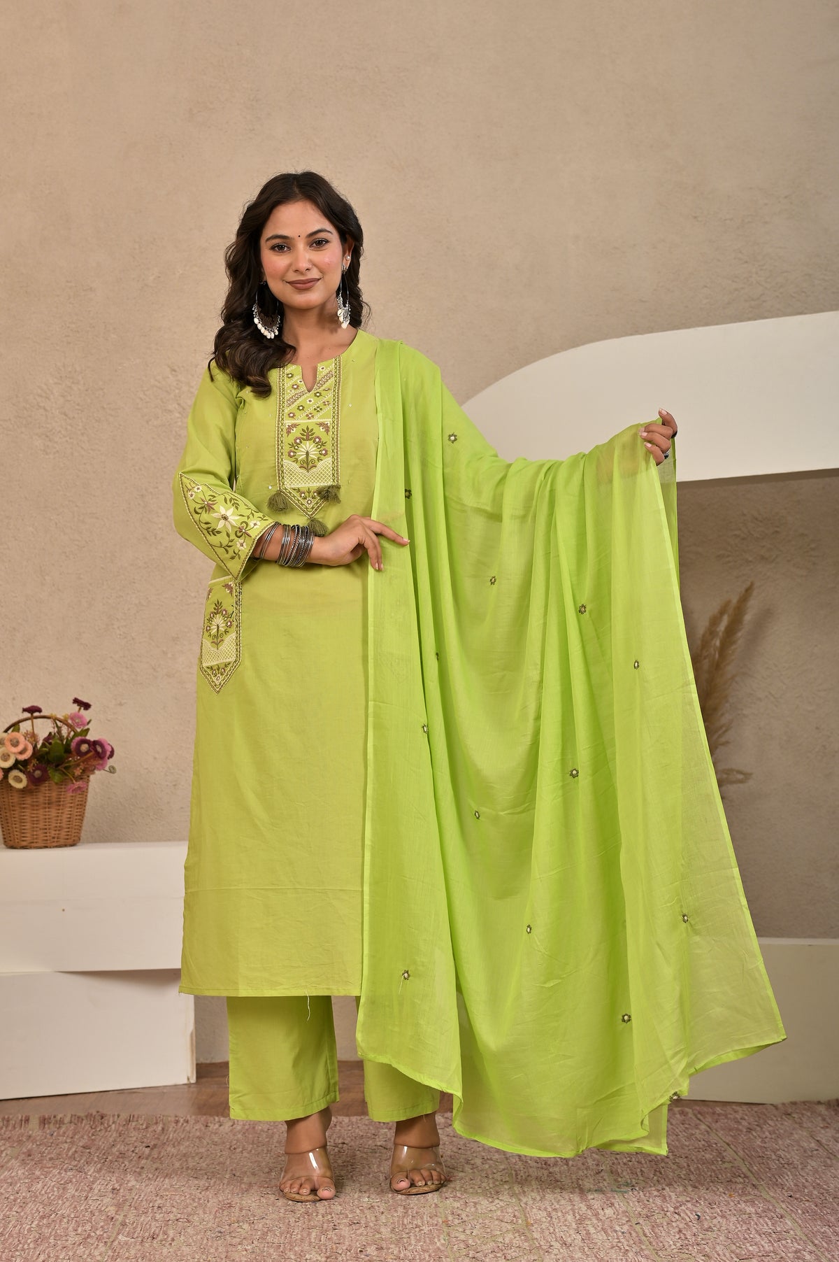 Women’s Embroidered Kurta Set with Lace, Handwork & Tassel Details
