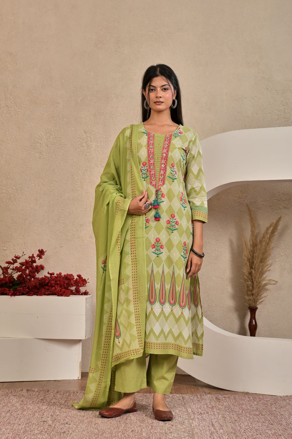 Women’s Panel Printed Kurta Set with Pin Tucks, Neckline Handwork & Tassels