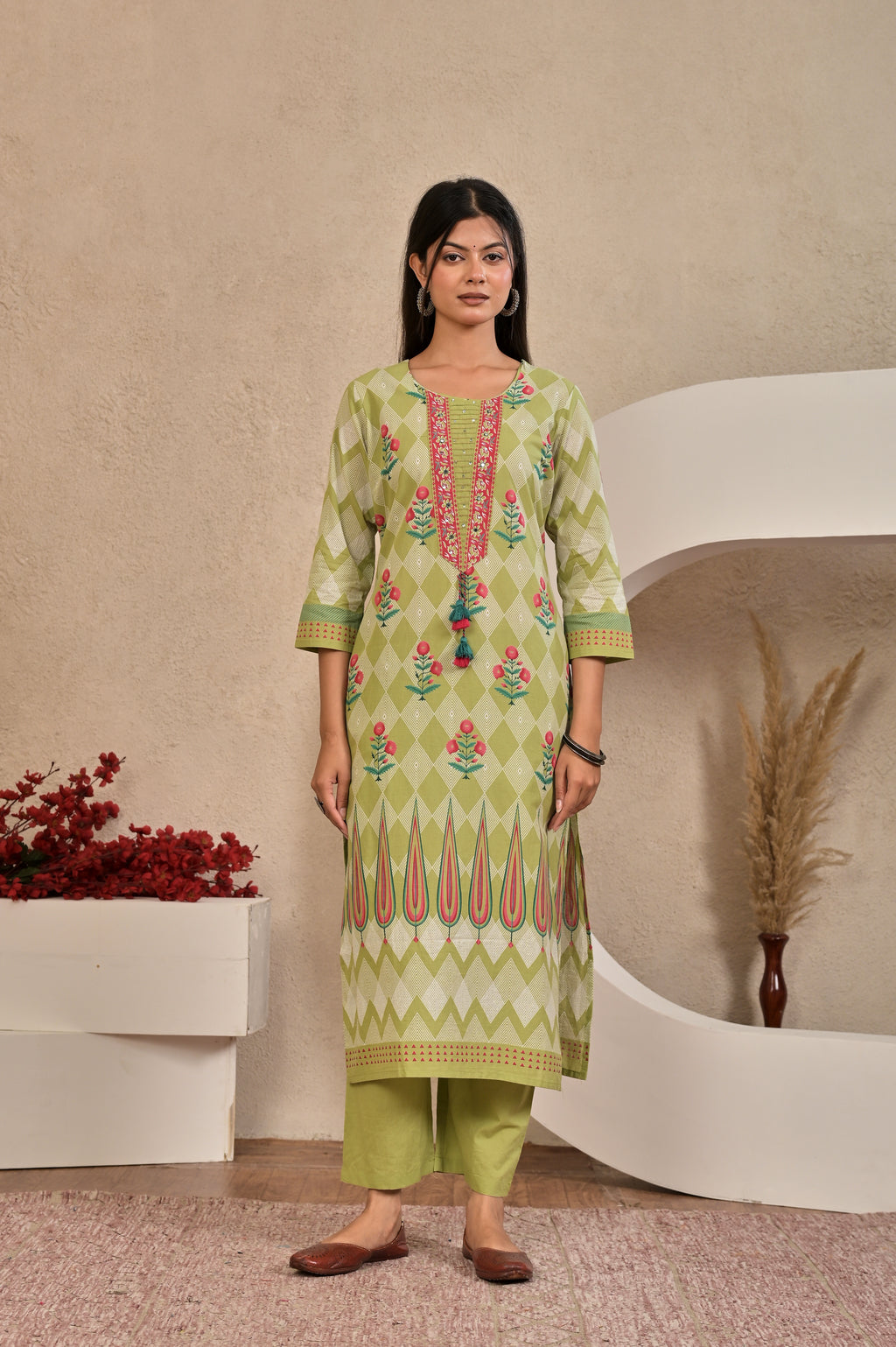Women’s Panel Printed Kurta Set with Pin Tucks, Neckline Handwork & Tassels