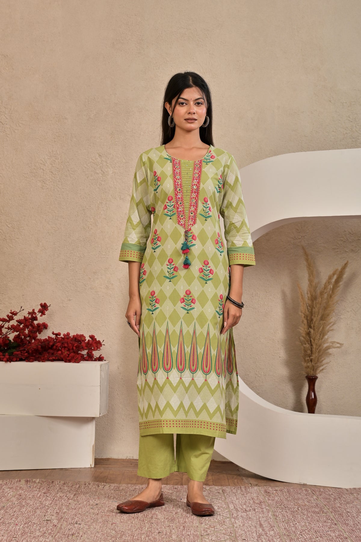 Women’s Panel Printed Kurta Set with Pin Tucks, Neckline Handwork & Tassels