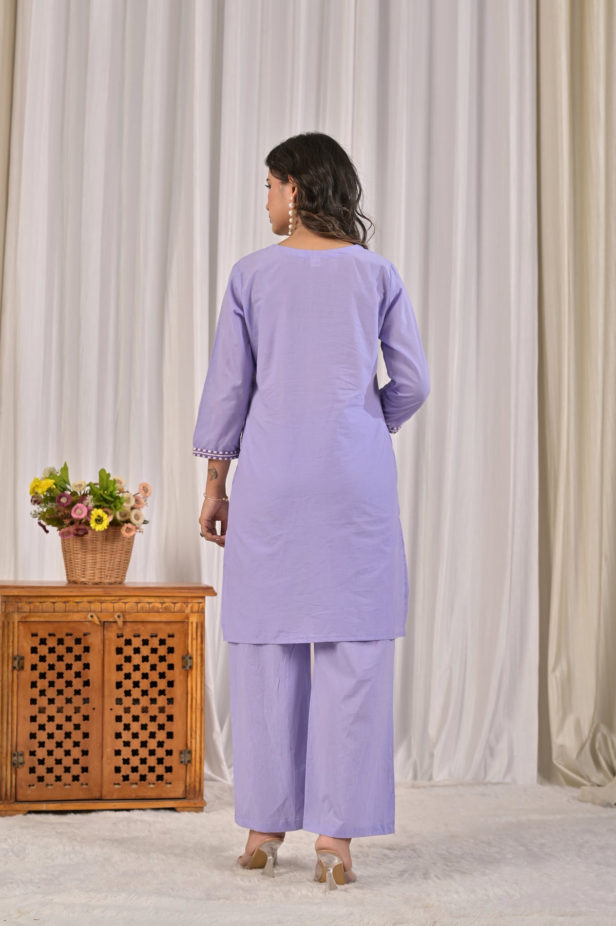 Embroidered Co-ord Set with Tassel Yoke & 3/4 Sleeves