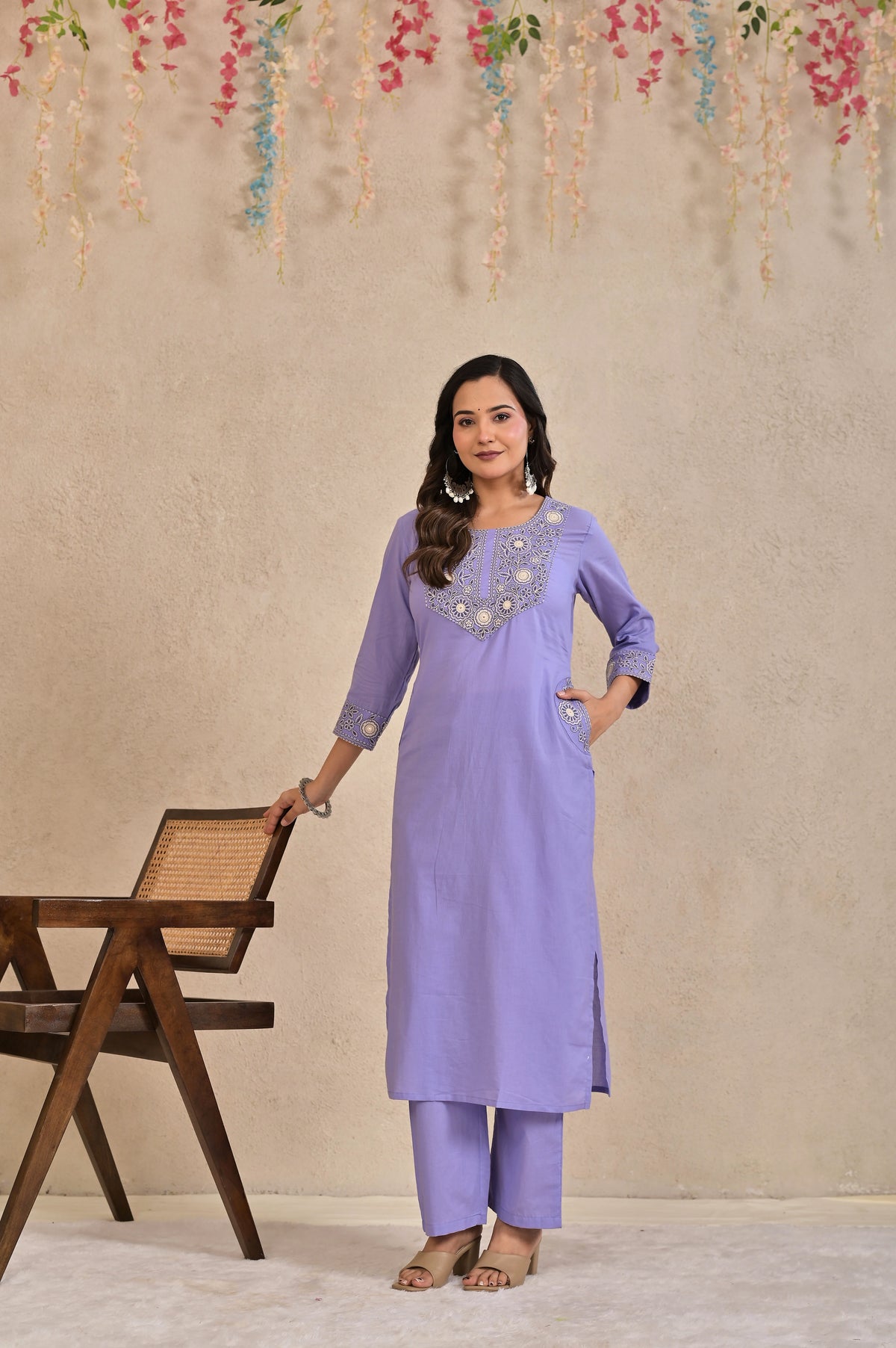 Women’s Embroidered Kurta Pant Dupatta Set with Floral Yoke