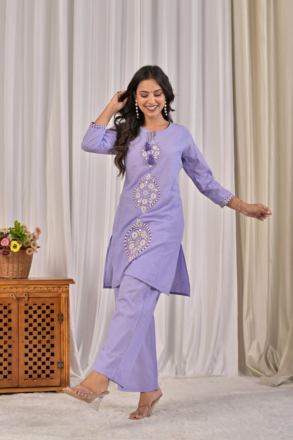 Embroidered Co-ord Set with Tassel Yoke & 3/4 Sleeves