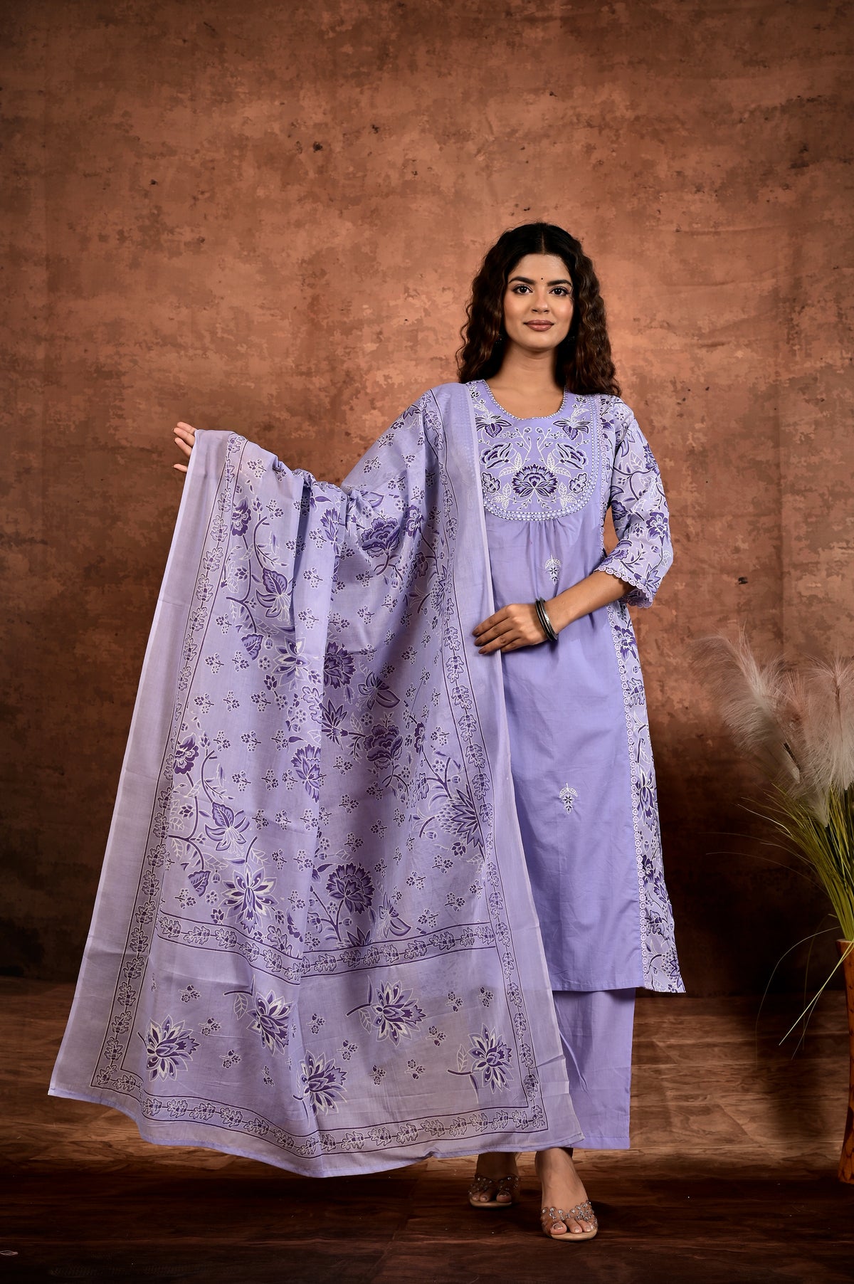 Women’s A-Line Printed Kurta Set with Heavy Embroidered Center Panel